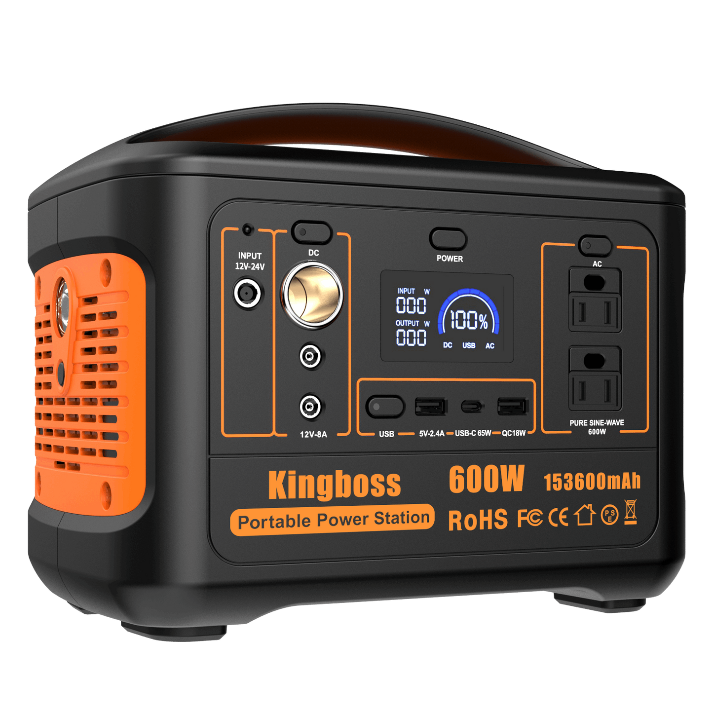 600W Portable Power Station Solar Generator (Peak 1200W) Kingboss; 153600mAh 568WH; Lithium Battery 110V/600W; AC Outlet; 2*DC Carport; 2*USB-C; QC USB 3.0; Camping Power bank; Outdoor Indoor