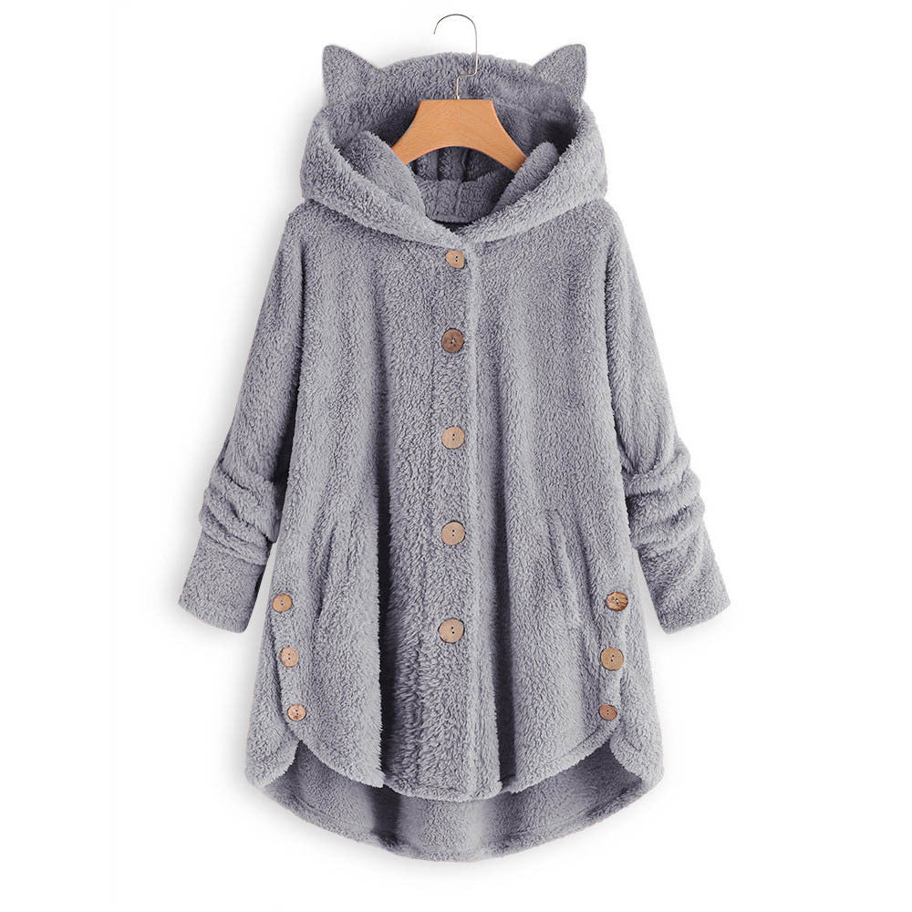 Color: Light grey, size: S-1pc, quantity: - European and American button hooded cat ears plush top