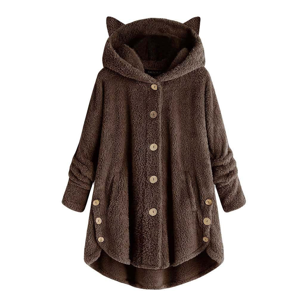 Color: Coffee, size: M-1pc, quantity: - European and American button hooded cat ears plush top