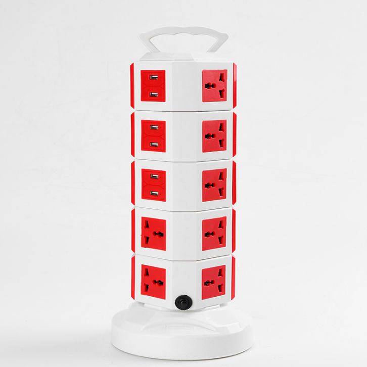 Color: Red, Size: 4 layers with 2USB, Model: UK - Four-sided stereo rotating multi-function vertical socket with USB mobile phone charging board