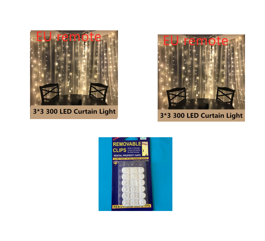 style: 3x3m warm remote, power: EU-2PCS Set, quantity: - Holiday Decoration Lanterns Christmas Lights String Curtain Lights