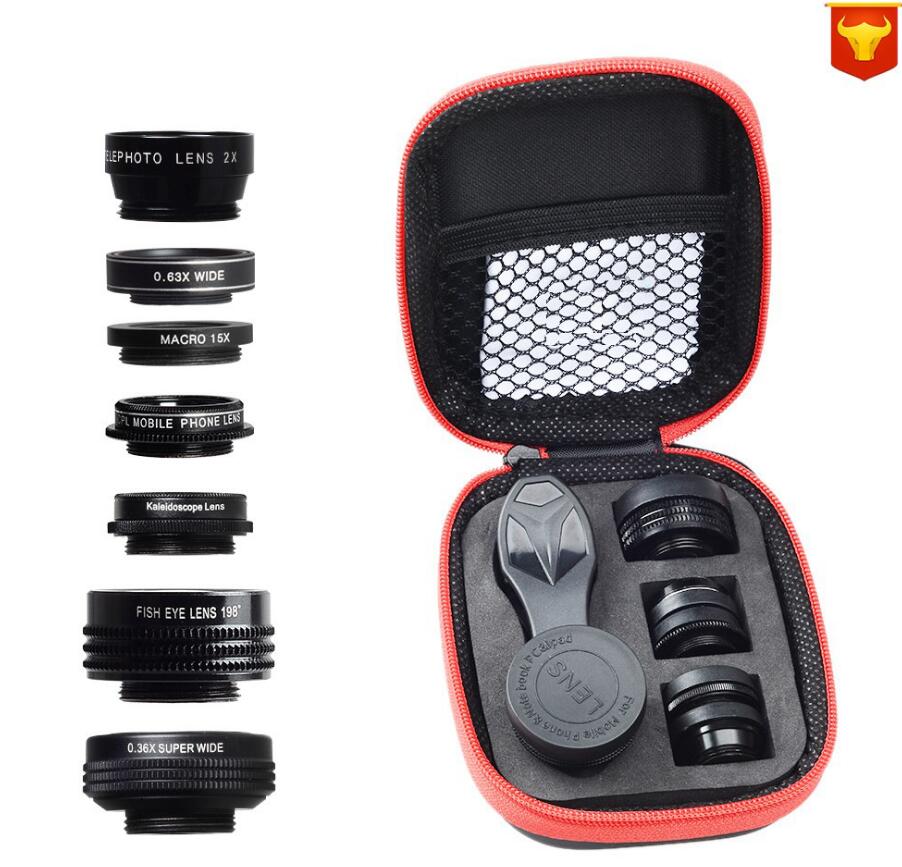 Cantidad: Kit de lentes 7 en 1 - APEXEL Kit de lentes de teléfono universal 10 en 1 Lente macro ojo de pez gran angular Filtro CPL Caleidoscopio + lente telescópica 2X para teléfono inteligente