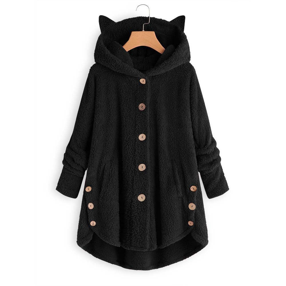 Color: Black, size: S-1pc, quantity: - European and American button hooded cat ears plush top