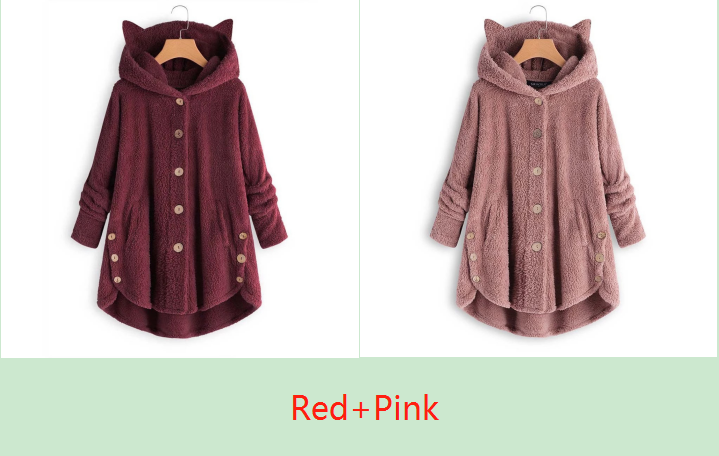 Color: Red+Pink, size: 5XL-2pc, quantity: - European and American button hooded cat ears plush top