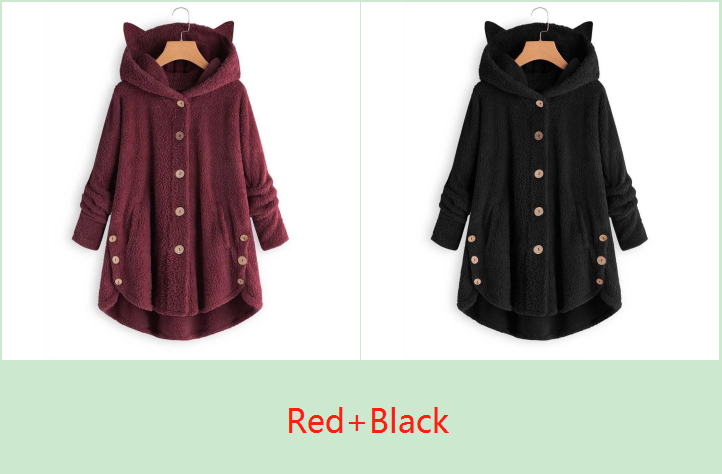 Color: Red+Black, size: XL-2pc, quantity: - European and American button hooded cat ears plush top