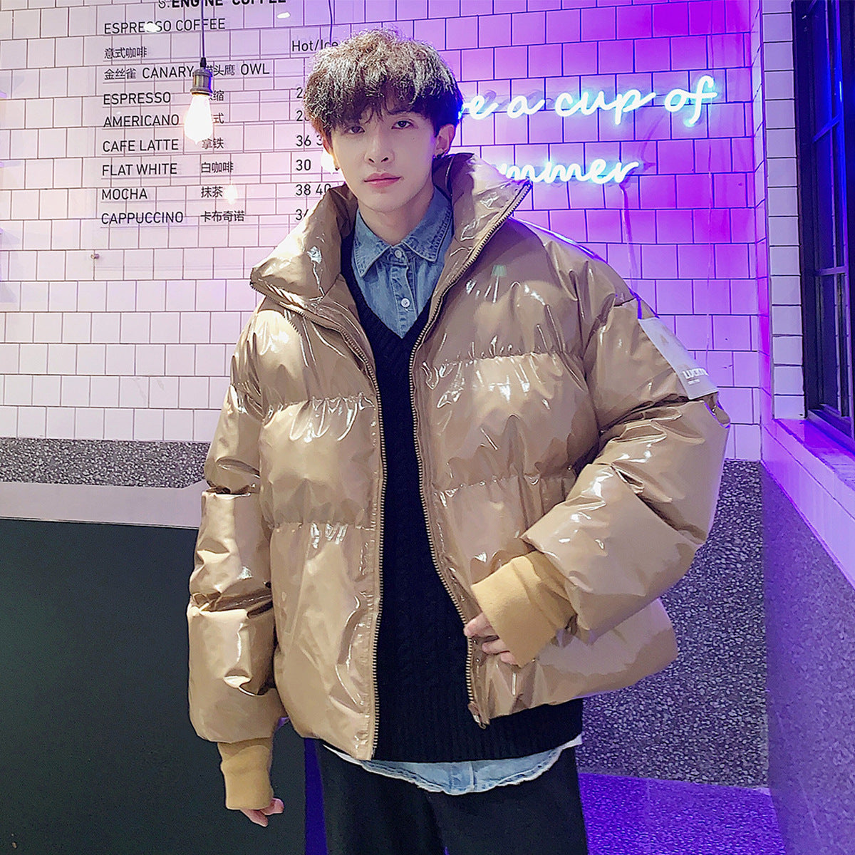Color: Pale pinkish grey, Size: L - Large shiny leather parka men
