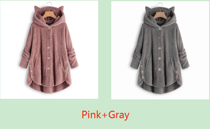 Color: Pink+Gray, size: XXXL-2pc, quantity: - European and American button hooded cat ears plush top