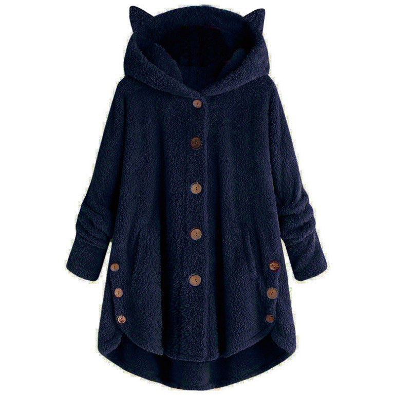 Color: Navy, size: XXL-1pc, quantity: - European and American button hooded cat ears plush top