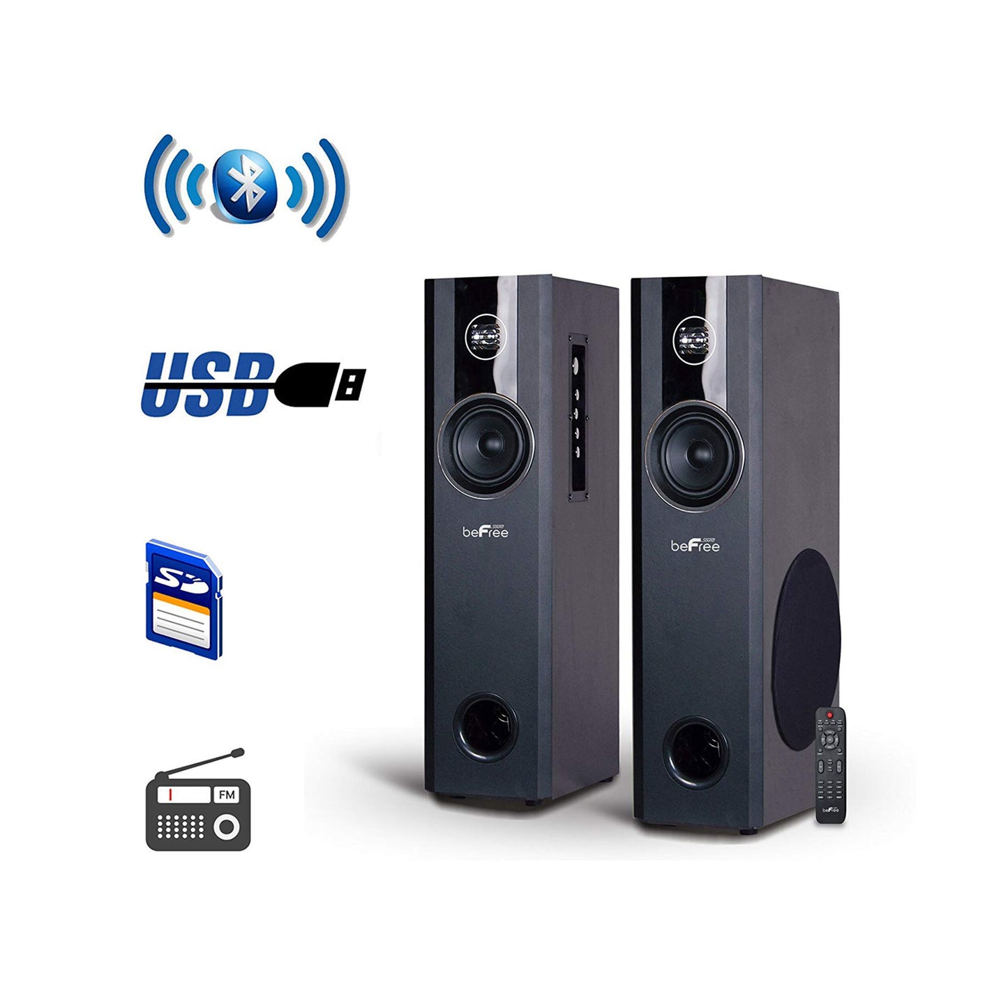 beFree Sound Altavoces de doble torre alimentados por Bluetooth de cine en casa de 2.1 canales en negro