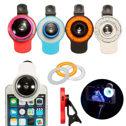 9 in 1 Clip-on Phone Selfie Speedlite 8 LED Flashlight Lamp Wide Angle Fish Eyes Lens Fill Lights