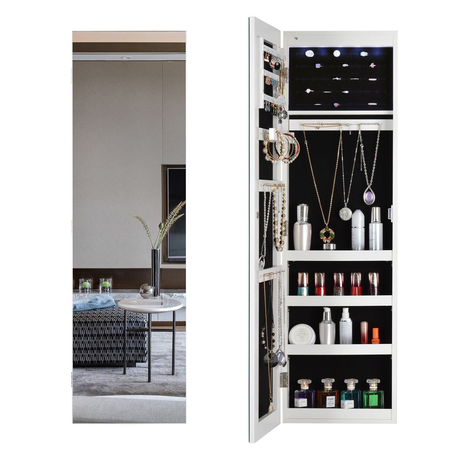 Full Mirror Fashion Simple Jewelry Storage Cabinet With Led Light Can Be Hung On The Door Or Wall