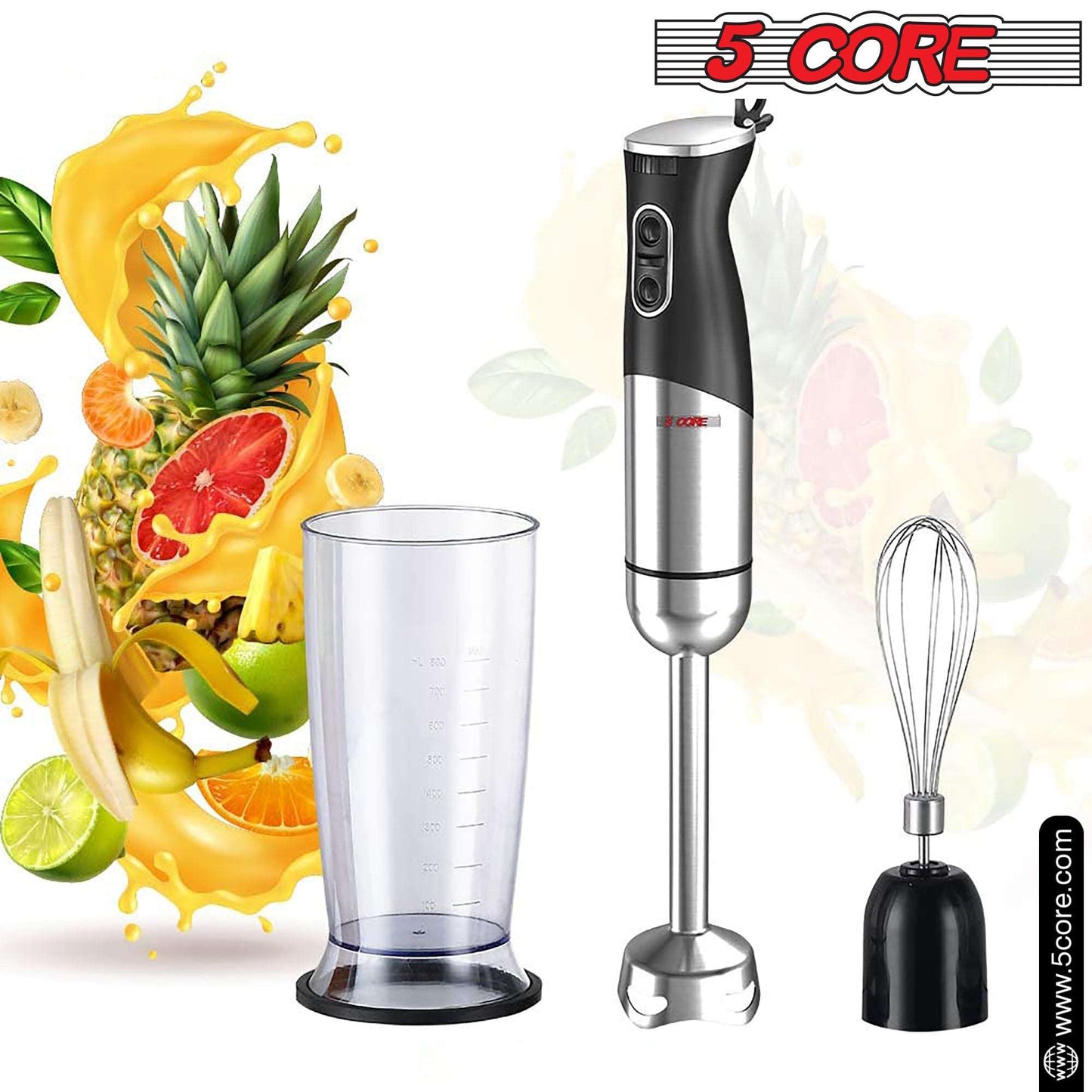 5 Core 3 in 1 Immersion Hand Blender 500W| 800ml Beaker & Whisk| 9 Speed Heavy Duty Handheld Stick, Copper Motor, Stainless Steel Blades, Comfortable grip For Smoothies Puree Baby Food and Soups- HB15