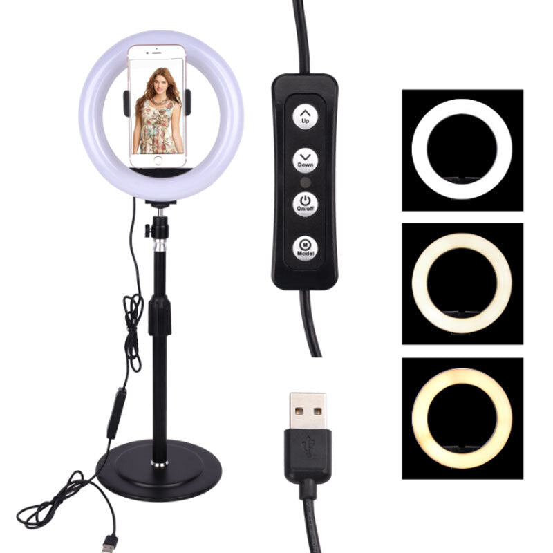 Round LED Fill Light Dimmable Telescopic Stand for Mobile Phone Video Live Selfie Photography black