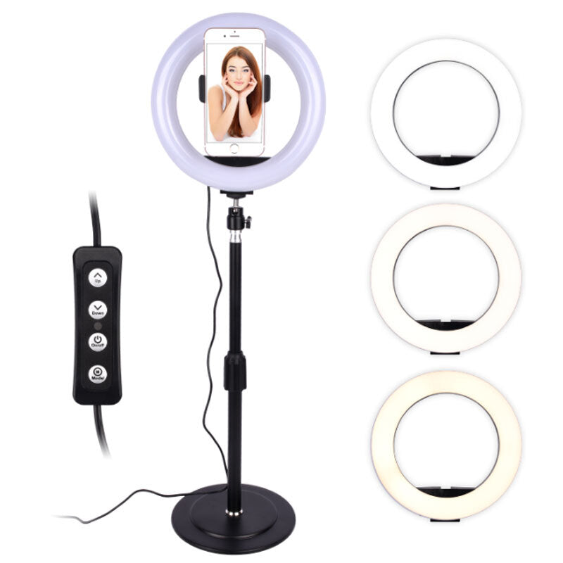 Round LED Fill Light Dimmable Telescopic Stand for Mobile Phone Video Live Selfie Photography black