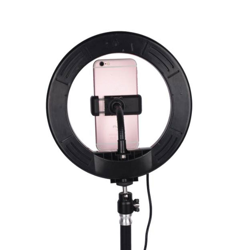 Round LED Fill Light Dimmable Telescopic Stand for Mobile Phone Video Live Selfie Photography black