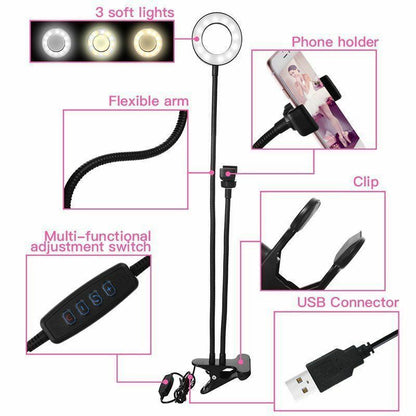 Selfie Flash Ring Light Mobile Phone Holder 24 LED Camera Long Arm USB Clip black