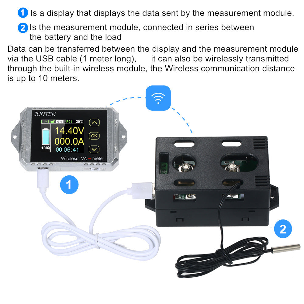 Juntek VAT1050 Wireless Voltage Current Meter 100V 50A Car Battery Monitoring 12V 24V 48V