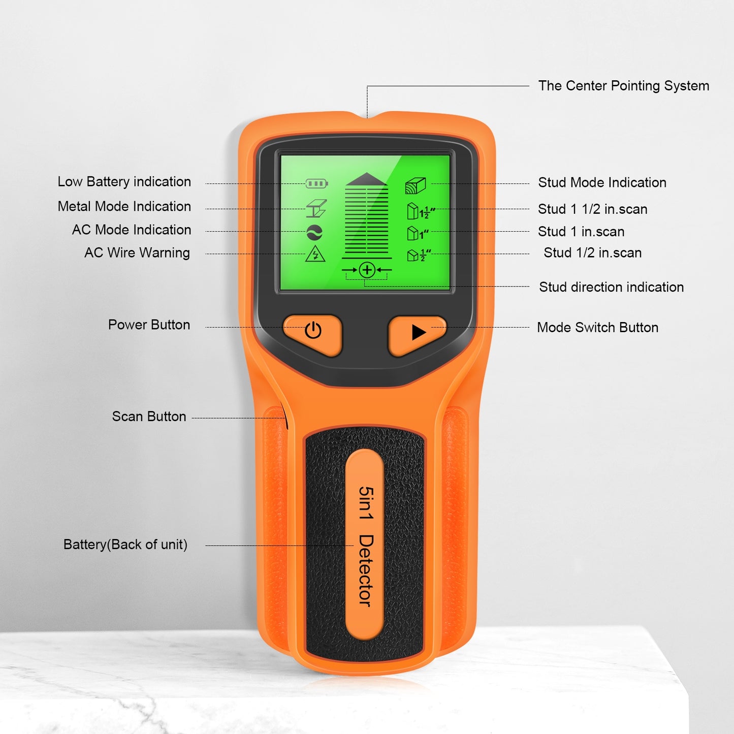 Stud Finder Wall Scanner Hw430 5-in-1 Stud Detector HD LCD Display Quickly Locating Sensor Finders for Wood Metal Orange