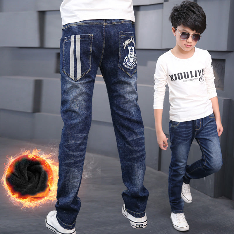 Color: 01Blue, Size: 120cm-Velvet, Style:  - Warm and fleece boy jeans