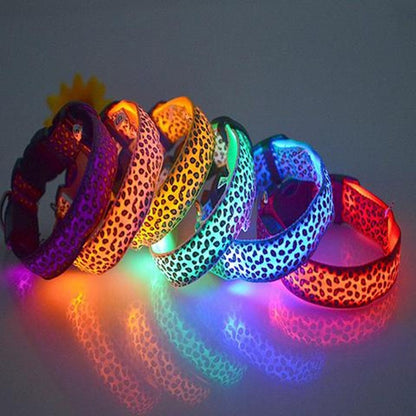 Size: L, Color: Random - LED Dog Collar Safety Adjustable Nylon Leopard Pet Collar