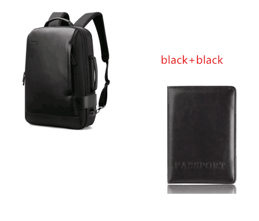 Color: Black+black - New business computer backpack travel waterproof men's backpack usb rechargeable backpack