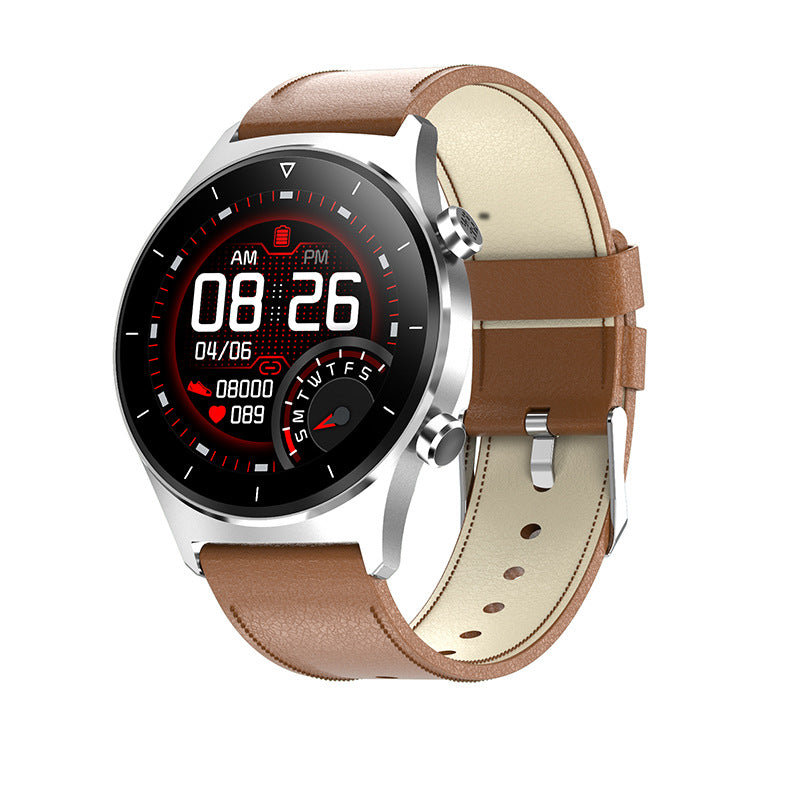 Color: Silver brown leather - Compatible with Apple , Waterproof Silicone Strap Bluetooth Watch