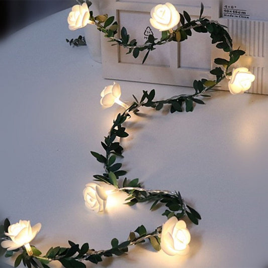 Color: Green, Size: 1.5m 10 lights - Rose Flower Vine String LED Lights Decoration Green Leaf Garland Battery USB Solar Powered Warm White Fairy Lights