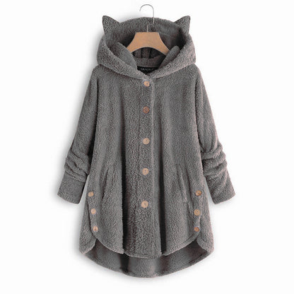 Color: Dark grey, size: M-1pc, quantity:  - European and American button hooded cat ears plush top