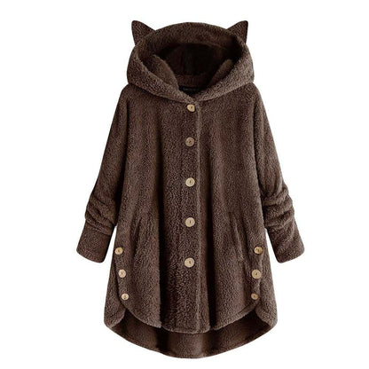 Color: Coffee, size: M-1pc, quantity:  - European and American button hooded cat ears plush top