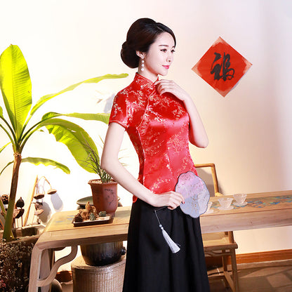 Color: Red plum, Size: M - Improved Cheongsam Top Brocade Slim Retro Women