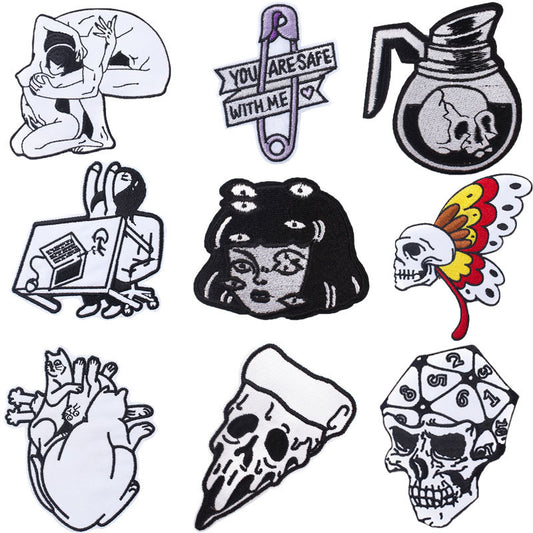 style: A, Color: White - Black and White Punk Embroidery Cloth Stickers Computer Embroidery Clothing Accessories DIY