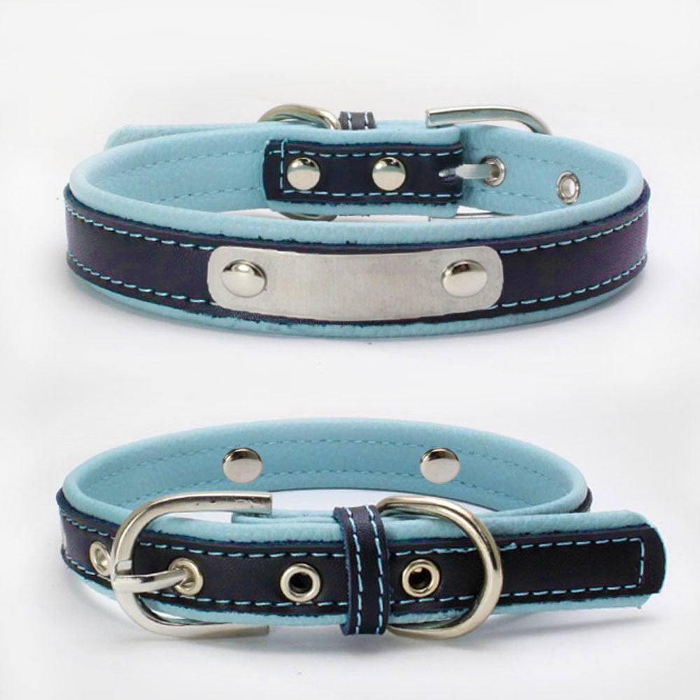 Color: Light Blue, Size: M - Double Leather Collar With Backing Collar For Dog Leash