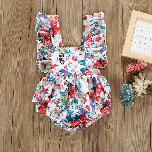 Color: Green, Child size: 90cm - Multicolor Printed Floral One Piece Halter Romper