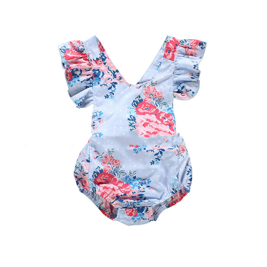 Color: Blue, Child size: 100cm - Multicolor Printed Floral One Piece Halter Romper