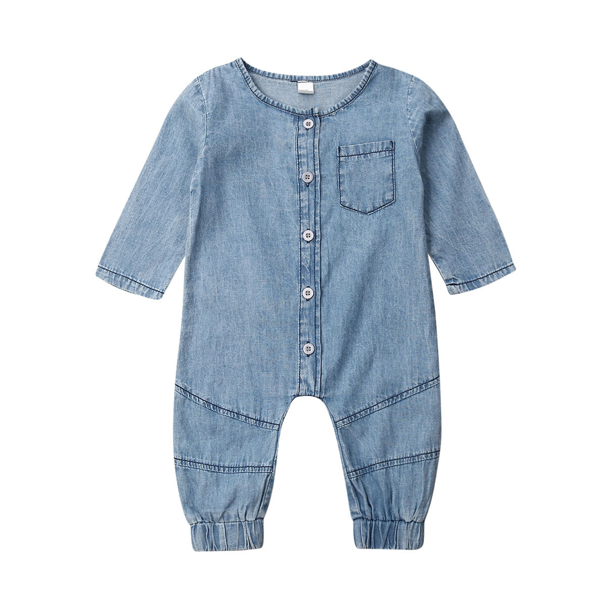 Denim Solid Color Stitching Long-sleeved Round Neck One-piece Romper