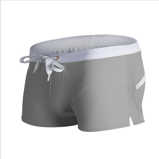 Color: Grey, Size: XL - Men's Solid Color Fashion Back Pocket Design Swimming Trunks