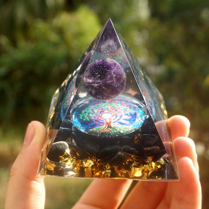 style: H - Orgonite Pyramid 60mm Amethyst Crystal Sphere With Obsidian Natural Cristal Stone