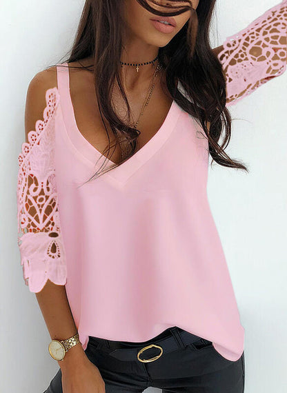 Color: Pink, Size: XXXL - Patchwork Lace Ripped Off-Shoulder Chiffon Top