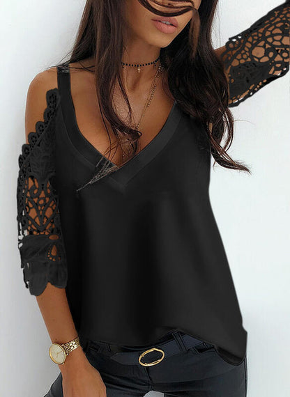 Color: Black, Size: L - Patchwork Lace Ripped Off-Shoulder Chiffon Top