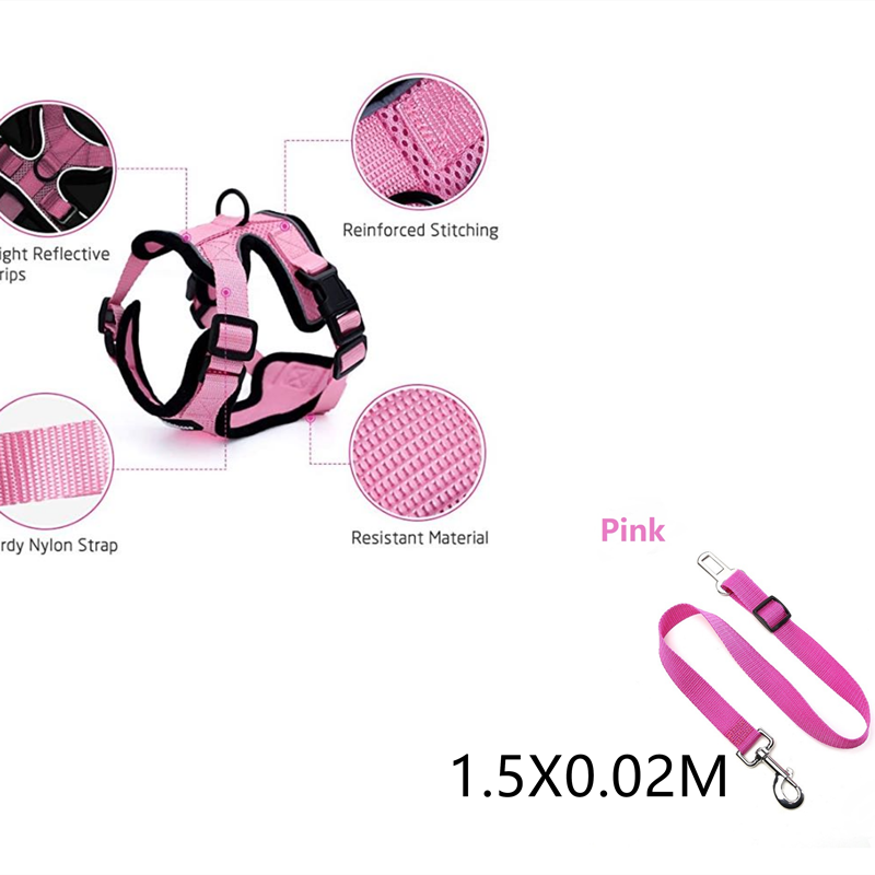 Color: Pink  with leash1.5X0.02M, Size: XS - Escape Proof Cat Vest Harness And Car Seat Belt Adapter Adjustable Reflective Cat Harness Soft Mesh Harness For Kitten Puppy