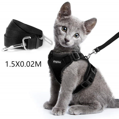 Color: Black with leash1.5X0.02M, Size: S - Escape Proof Cat Vest Harness And Car Seat Belt Adapter Adjustable Reflective Cat Harness Soft Mesh Harness For Kitten Puppy