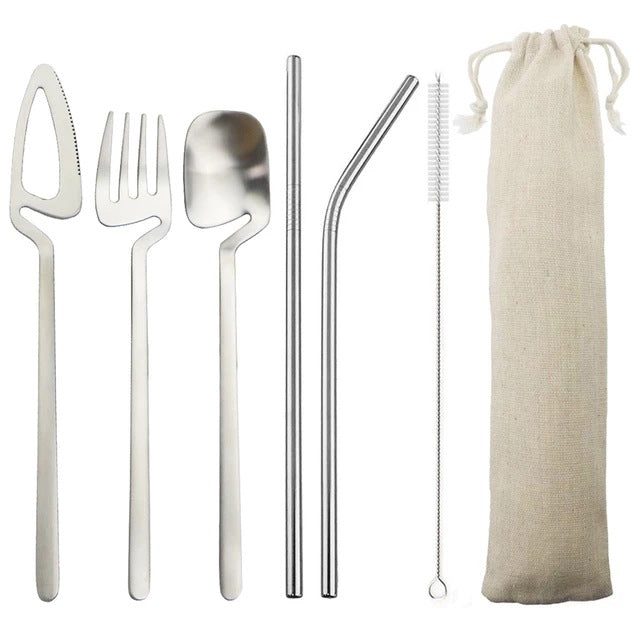 Color: Silver - Cross-Border Western-Style 7-Piece Portable Cutlery Set Hanging Cup Cutlery Set Stainless Steel Travel Camping Cutlery