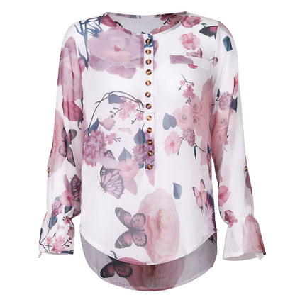 Color: Pink, Size: S - New Printed All Match Shirt Women Slim Slimming Shirt