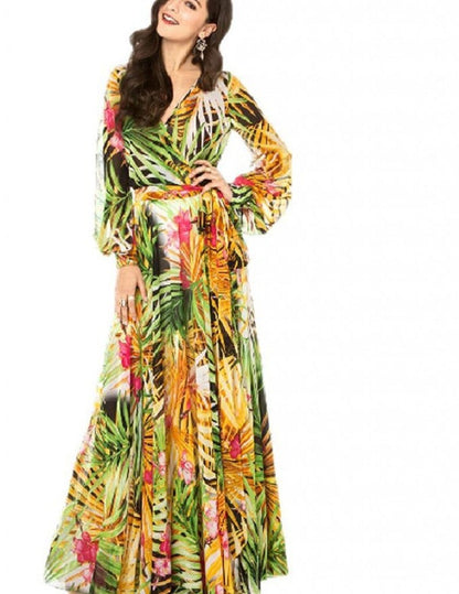 Color: Yellow, size: M - 2021 Summer Amazon New Lantern Sleeve V-neck Green Leaf Print Sk