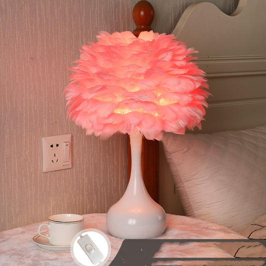 Color: Pink 7W three colors - Feather Table Lamp Bedroom Bedside Lamp Nordic Ins