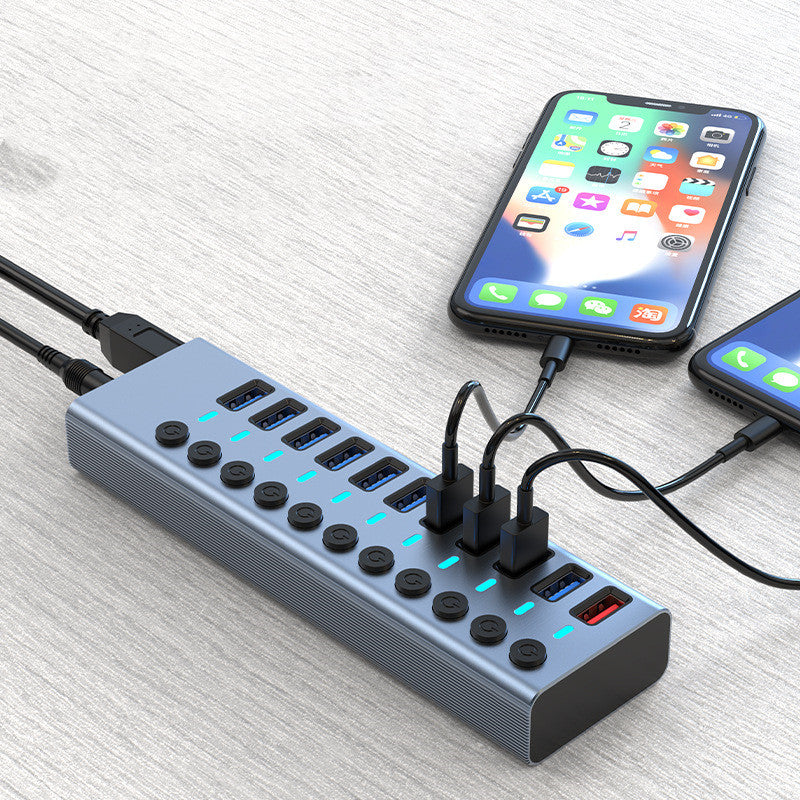 Color: Aluminum alloy metal11 ports, power: 12V - Usb Splitter Multi-Interface Extender With Independent Switch With Power Supply