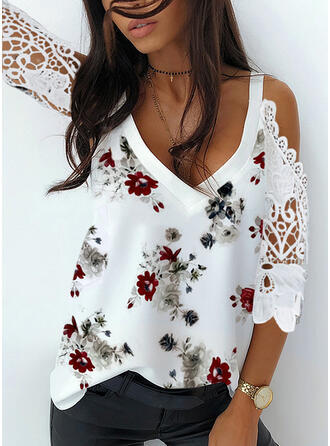 Color: White Lily, Size: M - Patchwork Lace Ripped Off-Shoulder Chiffon Top