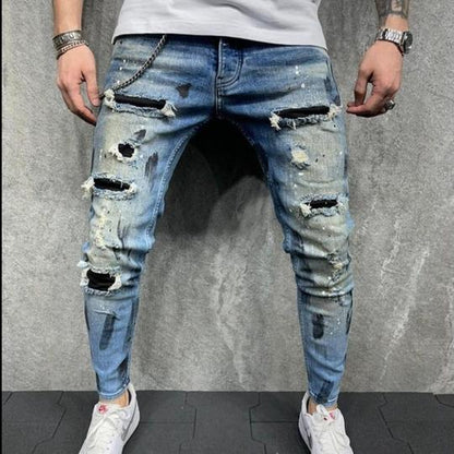 Color: Blue, Size: L - Shredded stretch skinny jeans