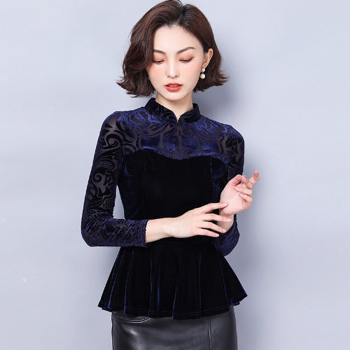 Waisted fashionable foreign style VELVET TOP