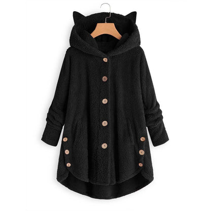 Color: Black, size: S-1pc, quantity:  - European and American button hooded cat ears plush top